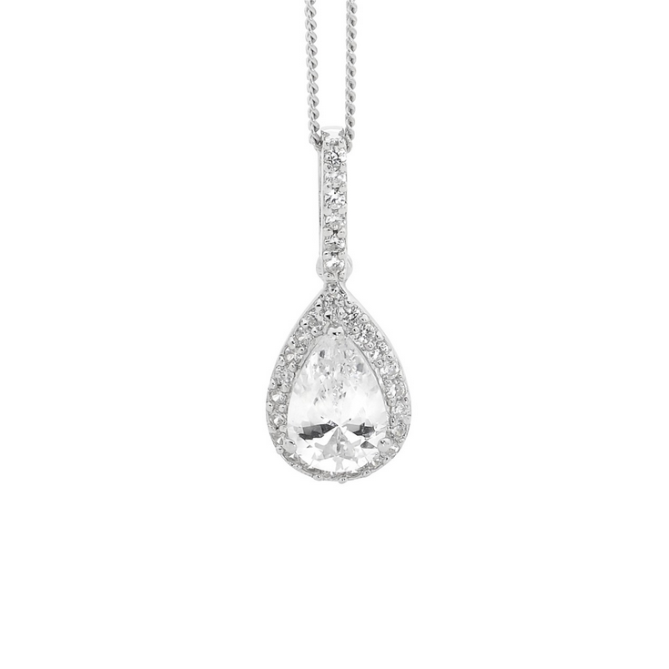 Ellani Sterling Silver CZ Pear Drop Pendant with CZ