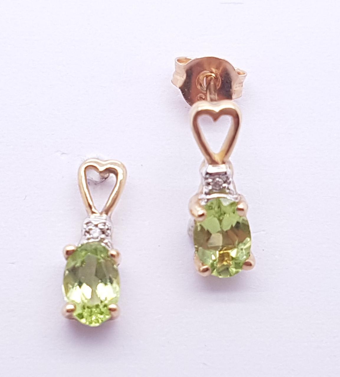 9ct Yellow Gold Oval Peridot Four Claw & Round Brilliant Diamond  Heart Shape Stud Earrings
