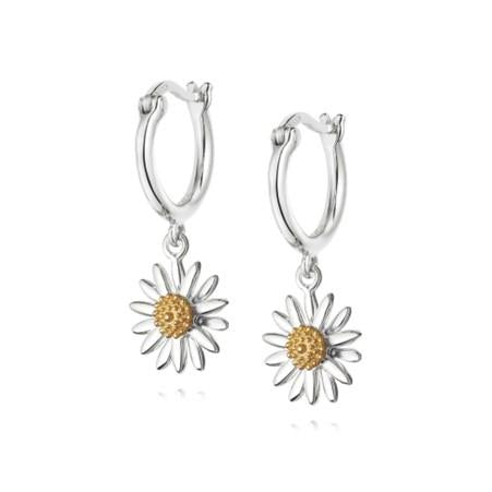 Daisy London Sterling Silver & 18ct Yellow Gold Plated 10mm English Daisy Drop Huggie Earrings