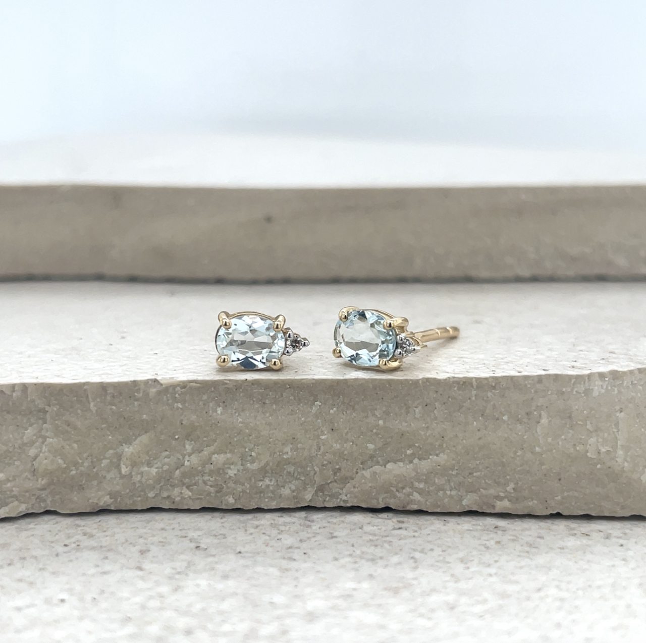 Aquamarine & Diamond 9ct Yellow Gold Stud Earrings