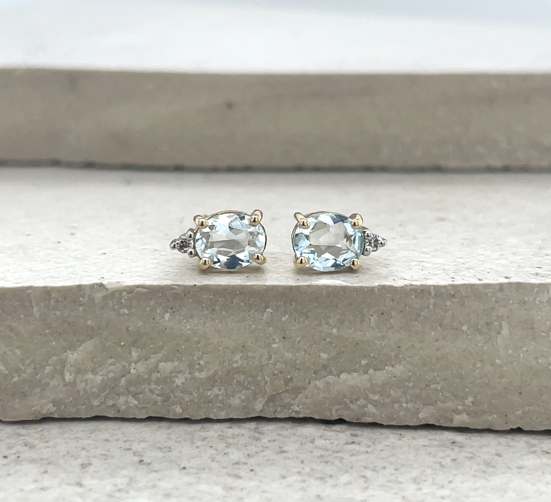 Aquamarine & Diamond 9ct Yellow Gold Stud Earrings