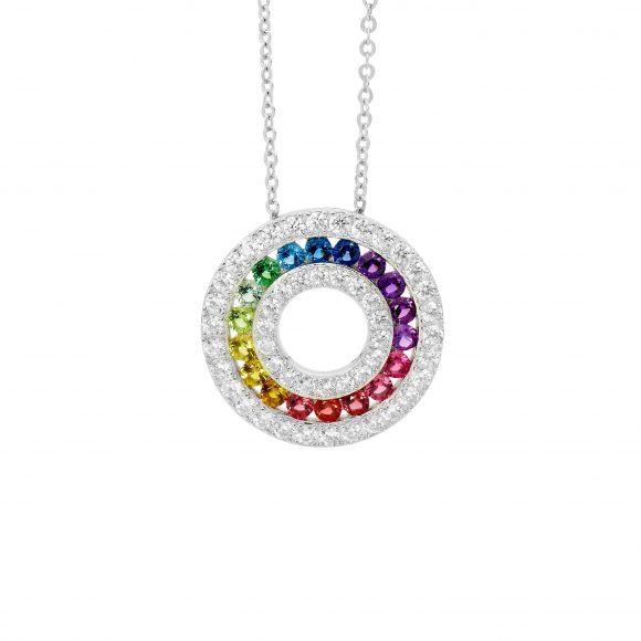 Ellani Sterling Silver Multi Coloured Cubic Zirconia Channel Set 20mm Circle Pendant Necklace