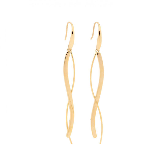 Ellani Stainless Steel & IP Yellow Gold Plated Long Wave x2 Drop Hook Earrings