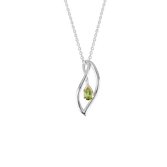Evolve Sterling Silver Rose Gold Plated Around Peridot Eternity Leaf (Forever) Pendant Necklace