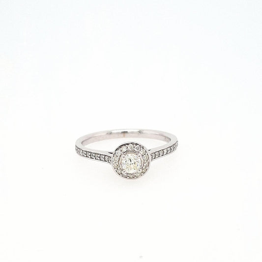 9ct White Gold 0.18ct Round Brilliant Diamond 0.14ct Halo with Shoulder Diamond Cluster Ring