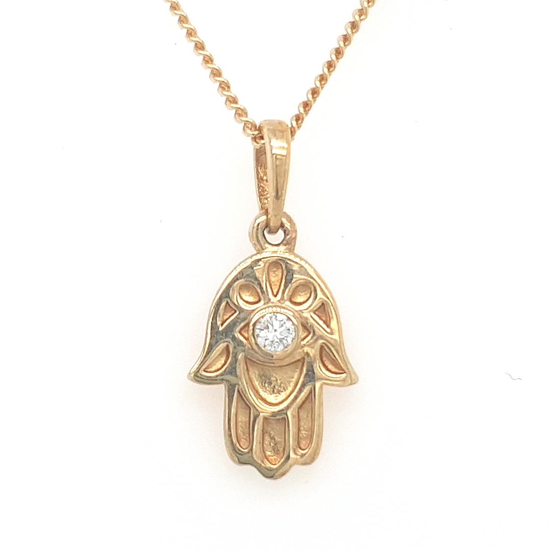 Diamond Pendant - 14ct Yellow Gold and Diamond Hamsa Pendant