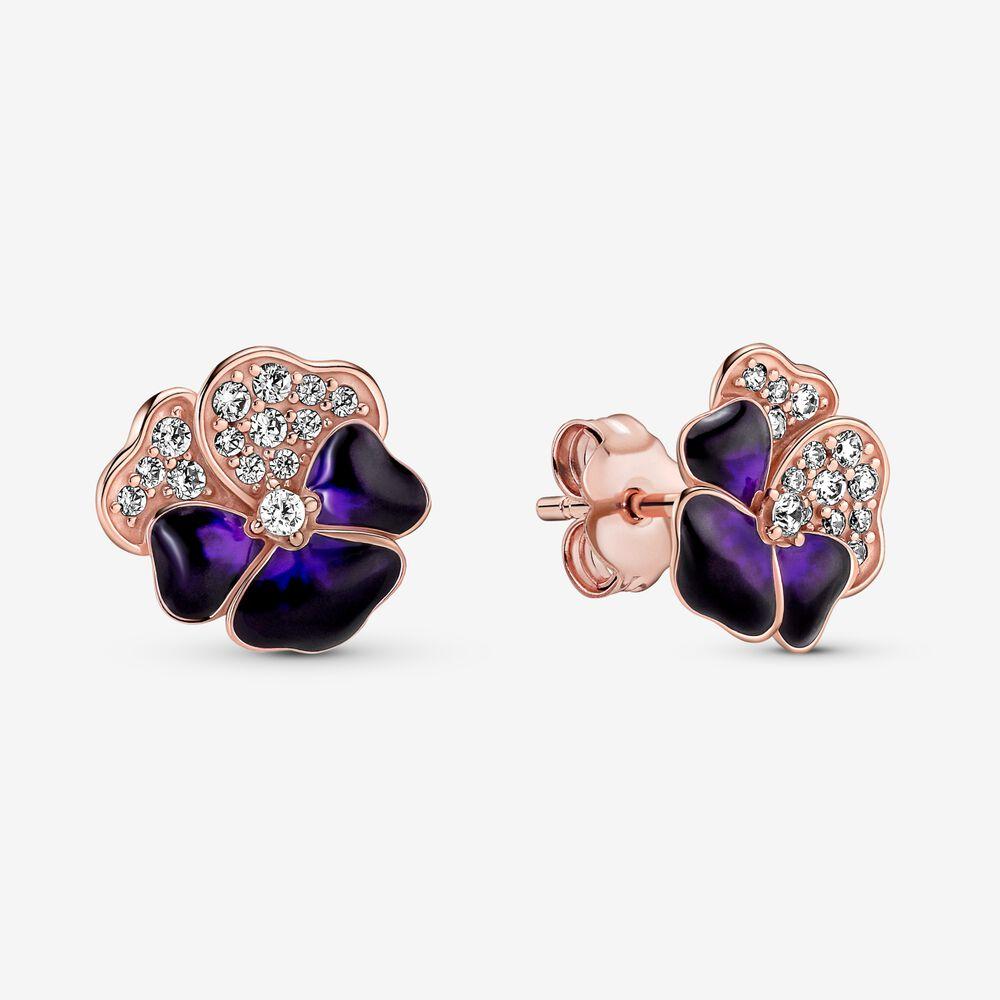 Pandora 14k Rose Gold Plated Pansy Stud Earrings with Purple Enamel and Clear CZ