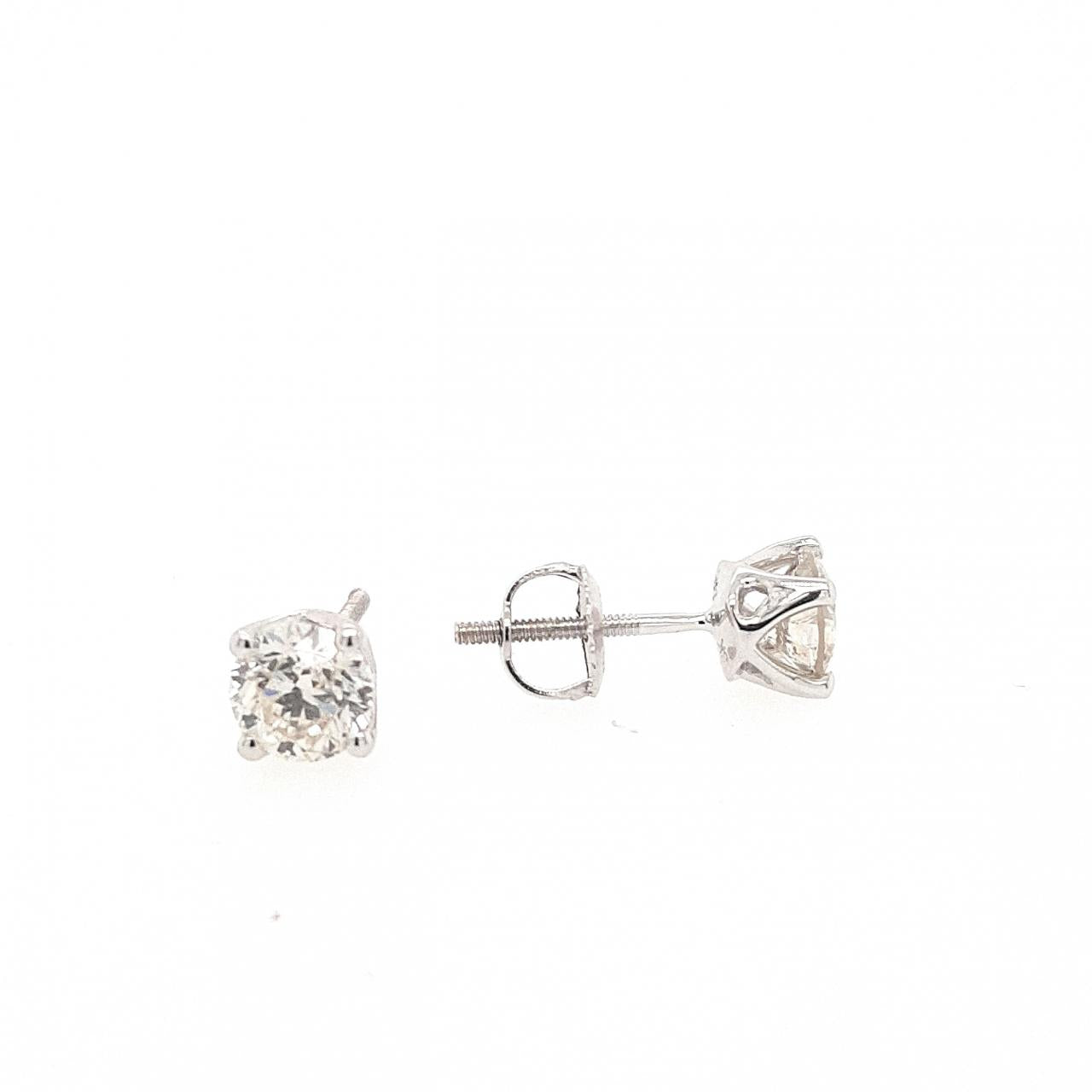 14ct White Gold 1ct Round Brilliant Cut Diamond 4 Claw Stud Screw Back Earrings