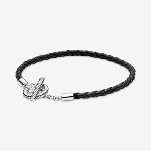 Pandora Sterling Silver Moments Braided Leather T-bar Bracelet