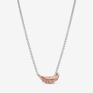 Pandora Sterling Silver & 14ct Rose Gold Plated Feather Necklace with Clear Cubic Zirconia 382575c01-45